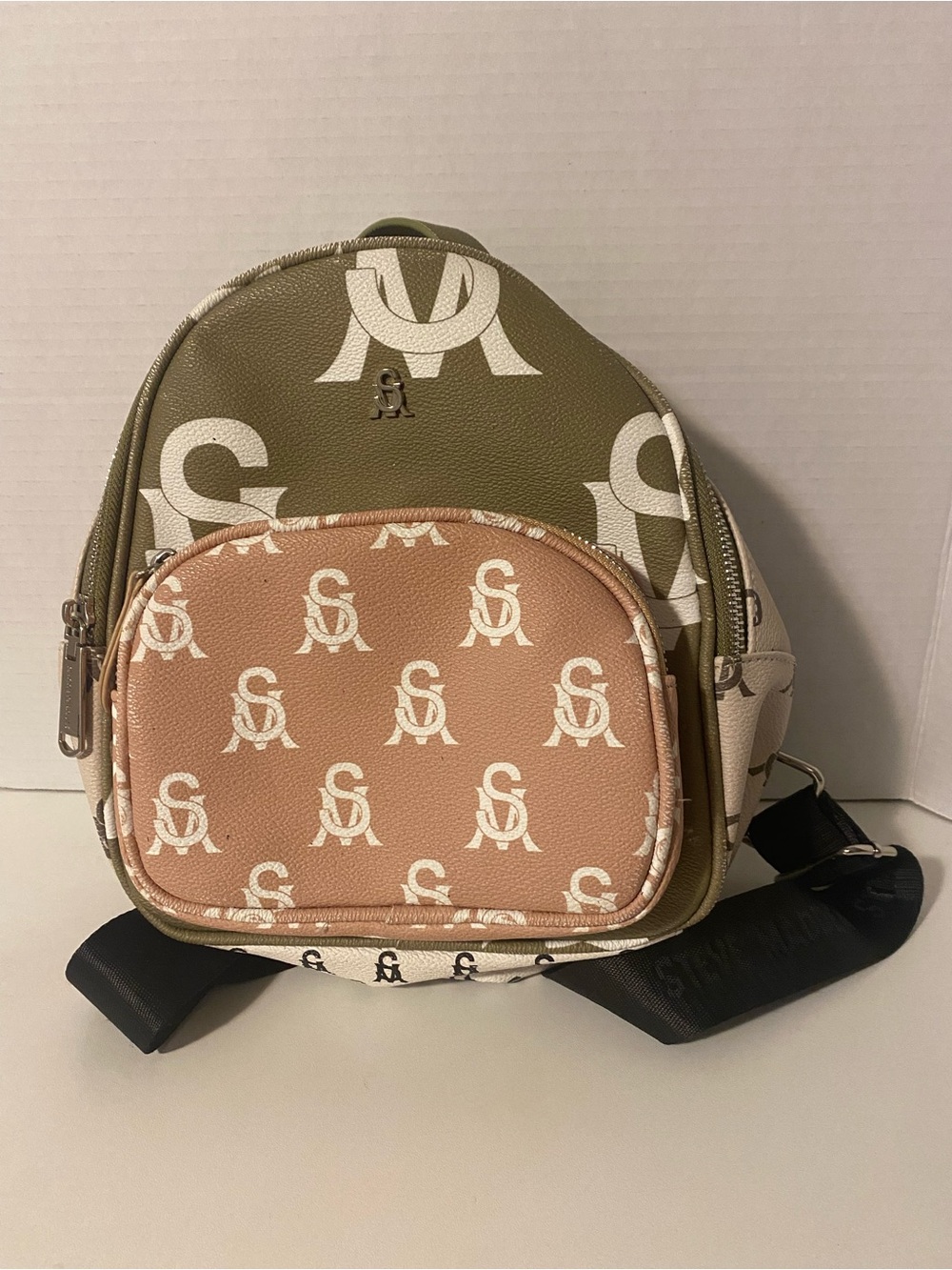 Steve Madden Logo Mini Backpack in Olive, Pink, and Cream